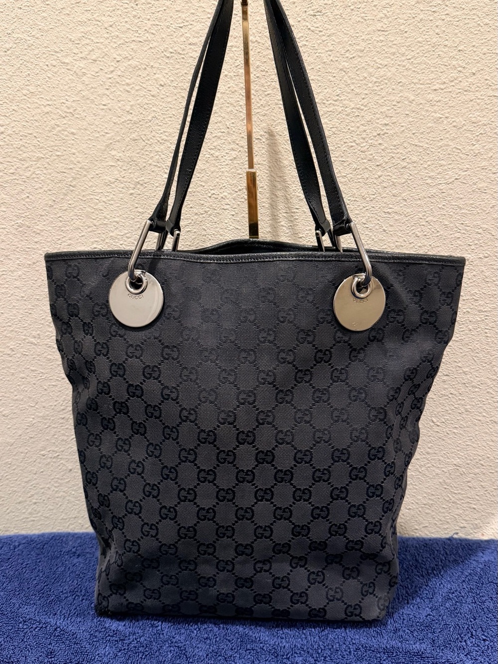 Gucci GG Black Canvas Eclipse Tote Bag with Leather Trim & Silver Hardware